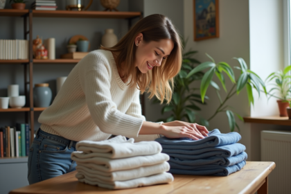 Femme triant des vêtements durables dans un salon lumineux