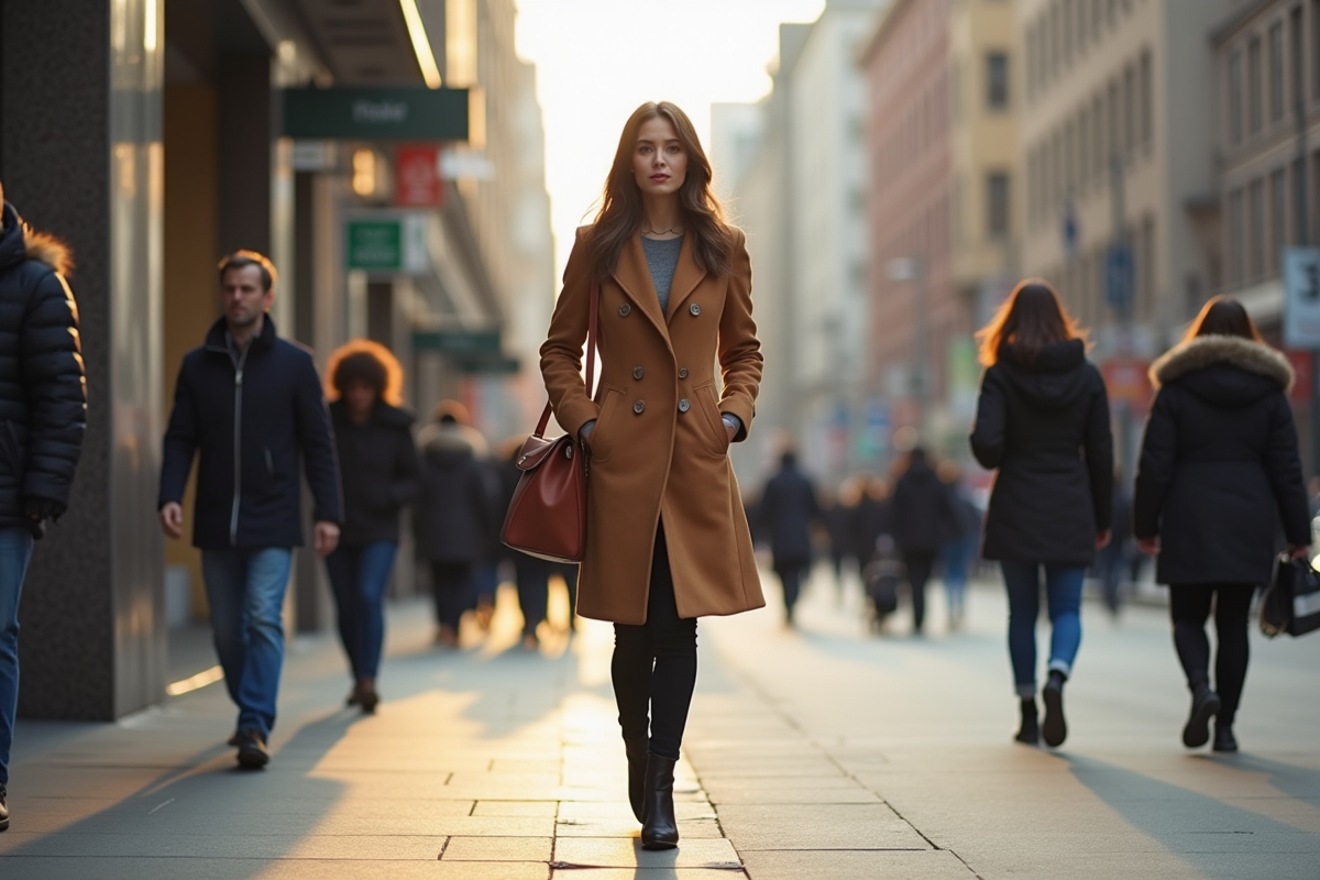 Femme en manteau camel dans une ville animée en journée