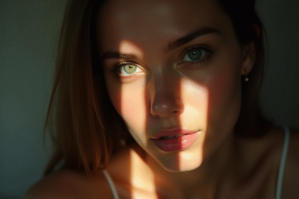 Femme aux yeux verts regardant l'objectif avec contraste lumineux