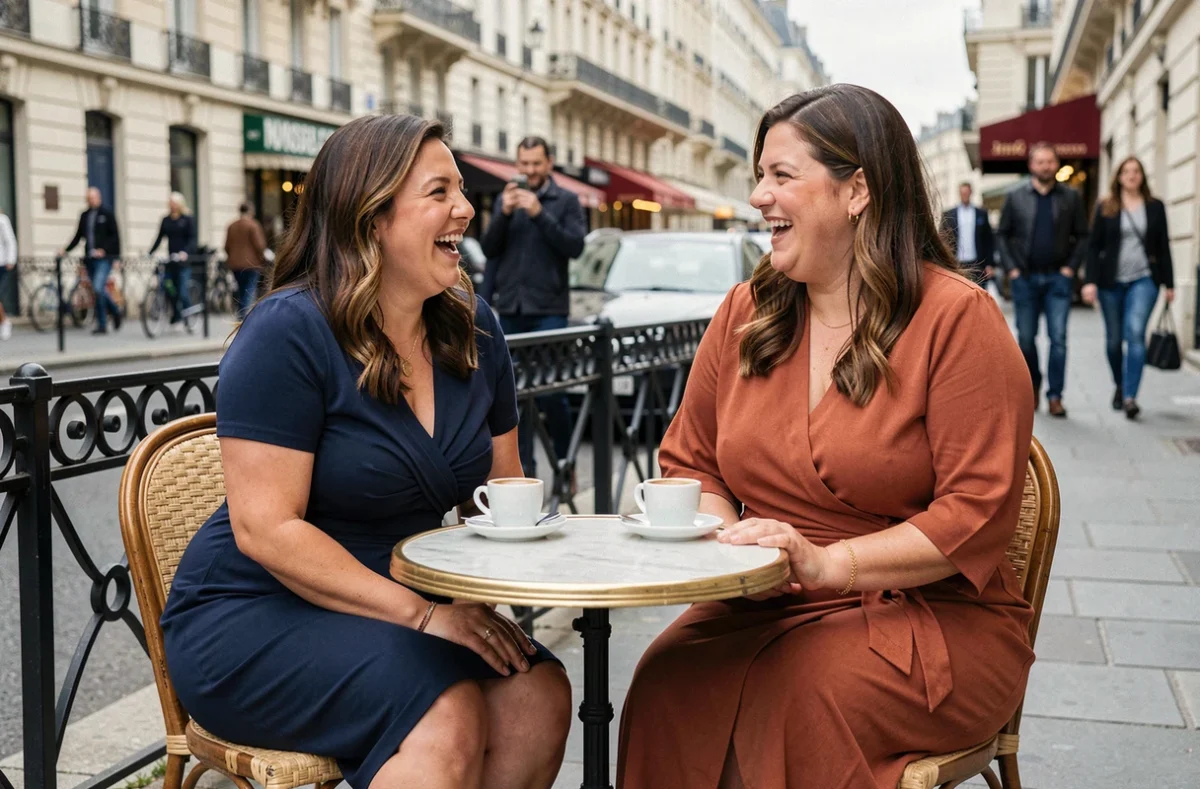 Deux femmes rondes riant ensemble en terrasse de café parisien, portant des robes moulantes colorées dans une scène de rue authentique