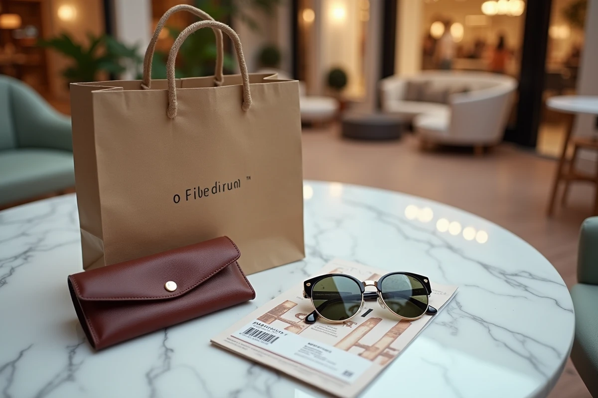 Sacs shopping de marques premium et accessoires de luxe disposés en flat lay dans un espace lounge d'un centre outlet
