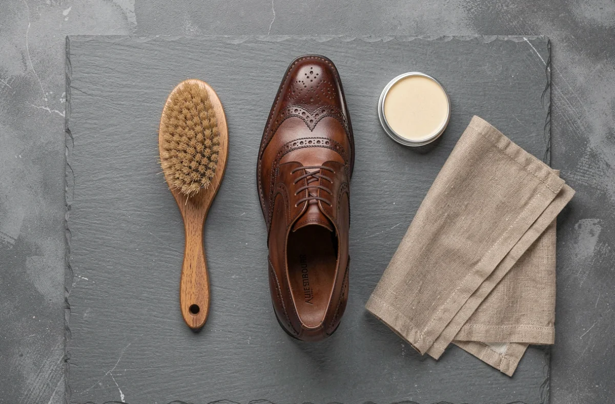 Flat lay d'une brosse à chaussure en bois, d'un brogue marron et d'un cirage sur surface en ardoise