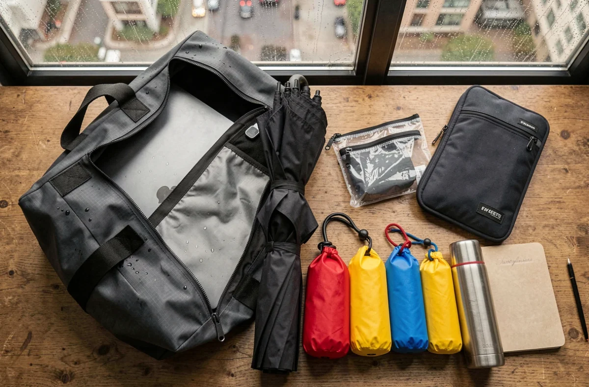 Flat-lay d'un sac imperméable ouvert avec ses accessoires organisés près d'une fenêtre sous la pluie