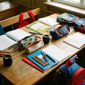 Fournitures scolaires de rentrée avec motifs dinosaures et super-héros sur un bureau en bois