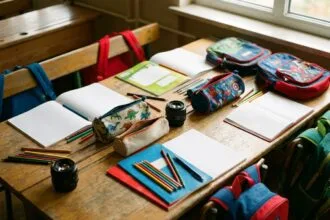 Fournitures scolaires de rentrée avec motifs dinosaures et super-héros sur un bureau en bois