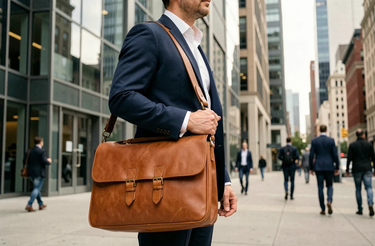 Homme en costume marine tenant une grande sacoche en cuir cognac devant un immeuble moderne, illustrant l'élégance professionnelle en rendez-vous d'affaires