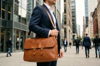 Homme en costume marine tenant une grande sacoche en cuir cognac devant un immeuble moderne, illustrant l'élégance professionnelle en rendez-vous d'affaires