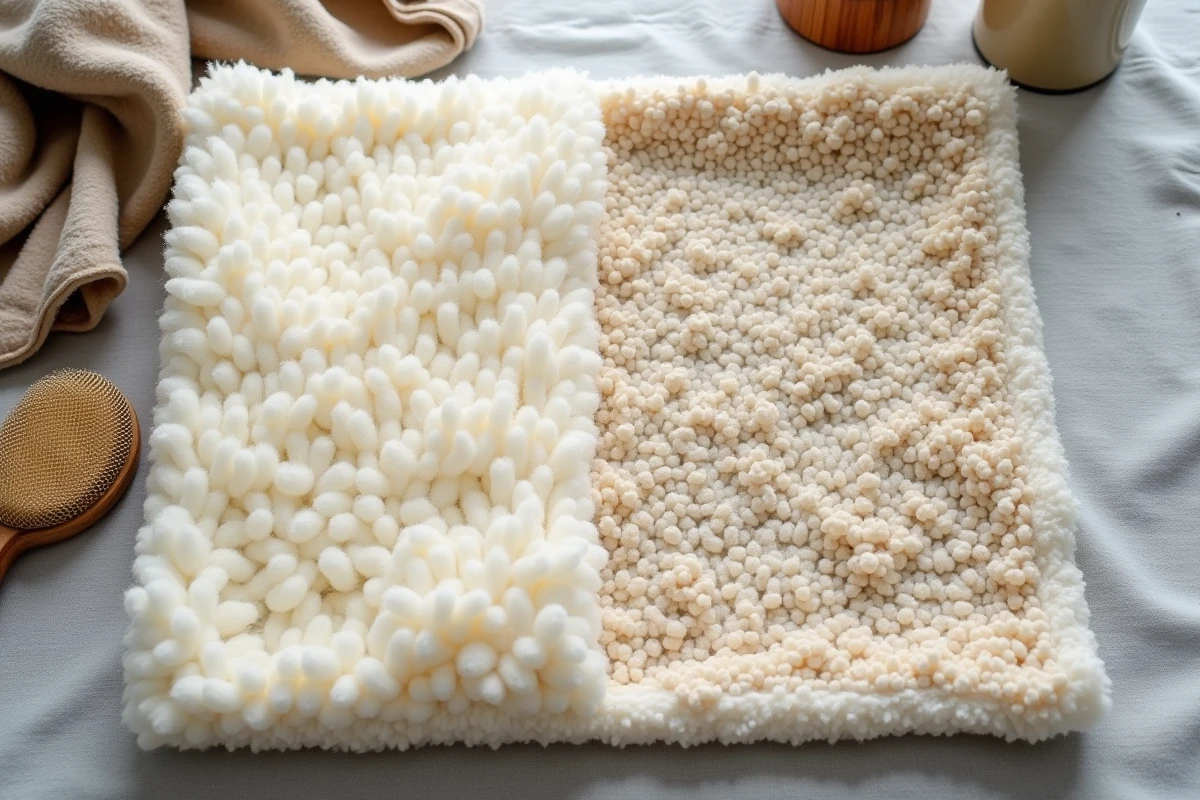 Gros plan comparatif d'un tissu sherpa intact et d'un sherpa avec des peluches sur une table, avec un filet de lavage et une brosse douce