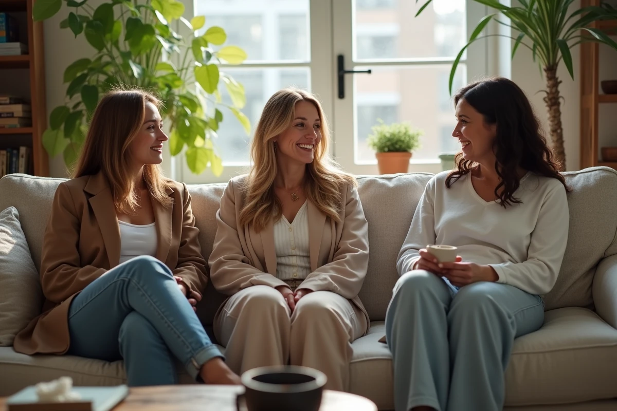 Groupe de femmes discutant sur un sofa dans un salon lumineux
