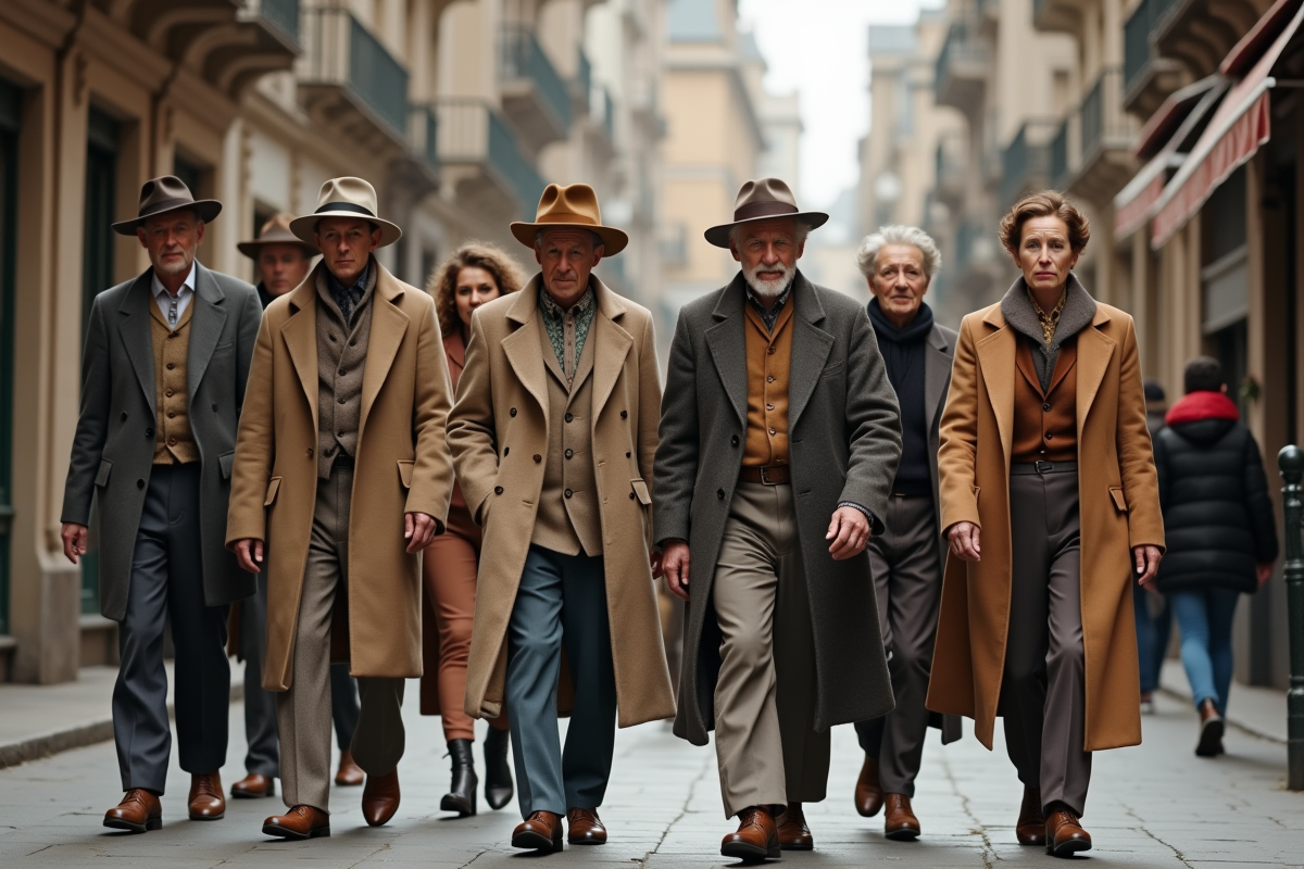 Groupe divers en tenues historiques marchant en ville