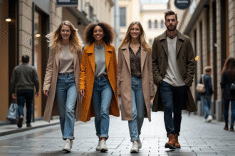 Groupe de jeunes adultes en streetwear dans une ville animée