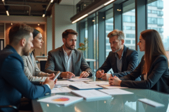 Groupe de professionnels en réunion dans un bureau moderne