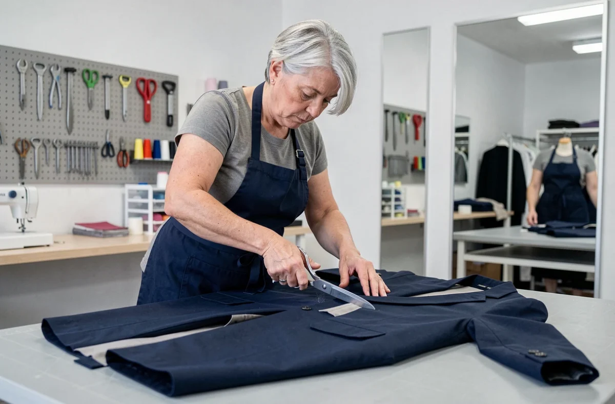 Couturière de Gyl Retouches au Havre découpant du tissu sur une table de travail professionnelle