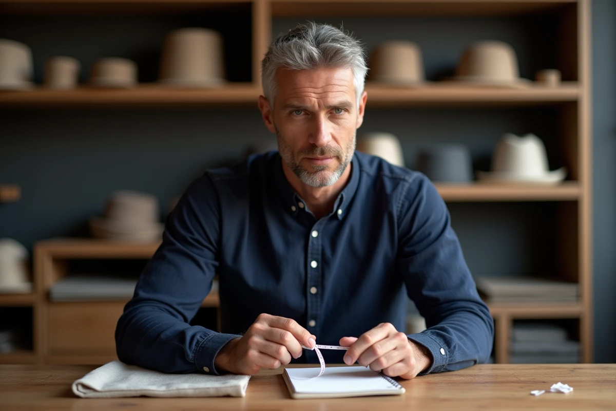 Homme artisan chapelier mesurant son tour de tête dans un atelier de confection de chapeaux