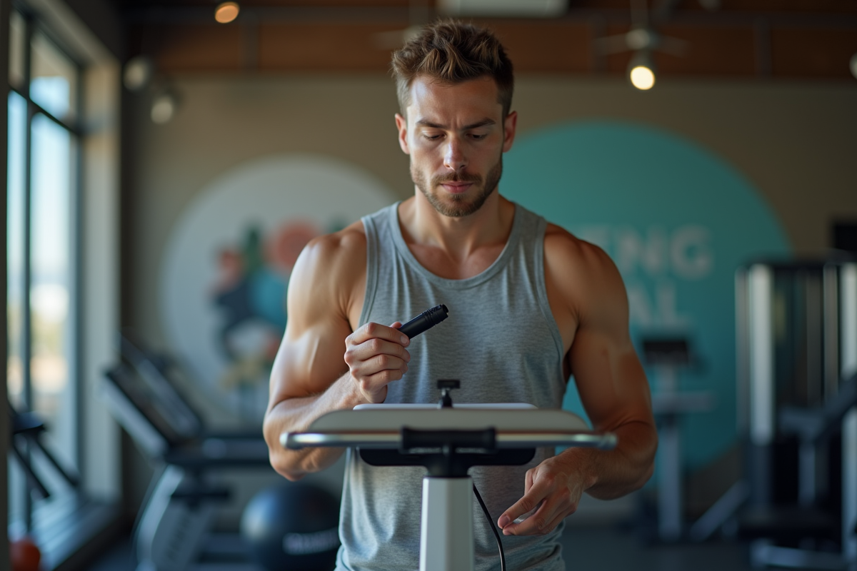 Homme en tenue sportive sur une balance dans une salle de sport moderne