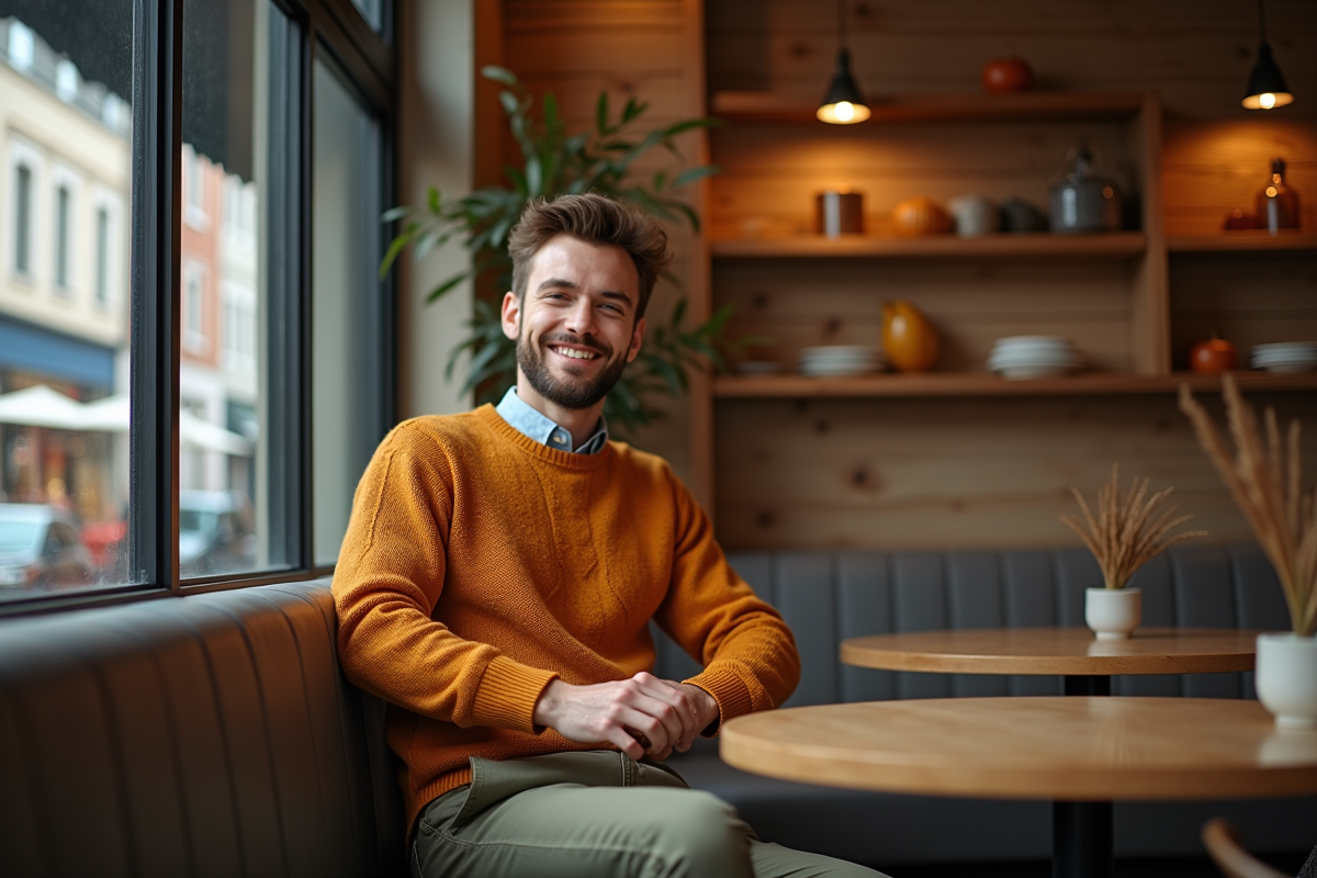 Homme souriant dans un café en automne avec pull ocre