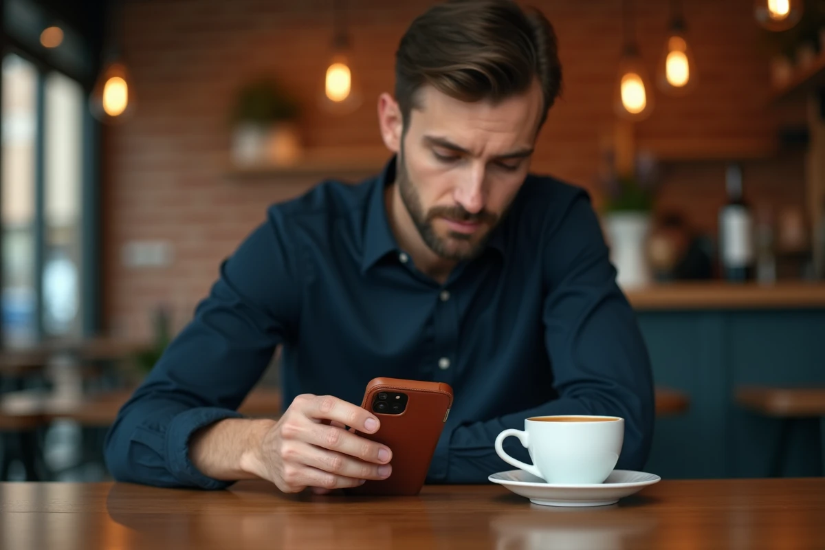 Homme en café installant une coque originale sur un Android à côté d'un iPhone avec étui en cuir