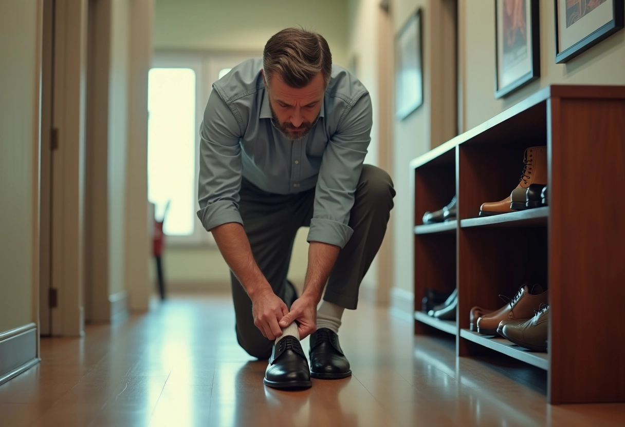 Homme essayant des chaussures dans un couloir lumineux