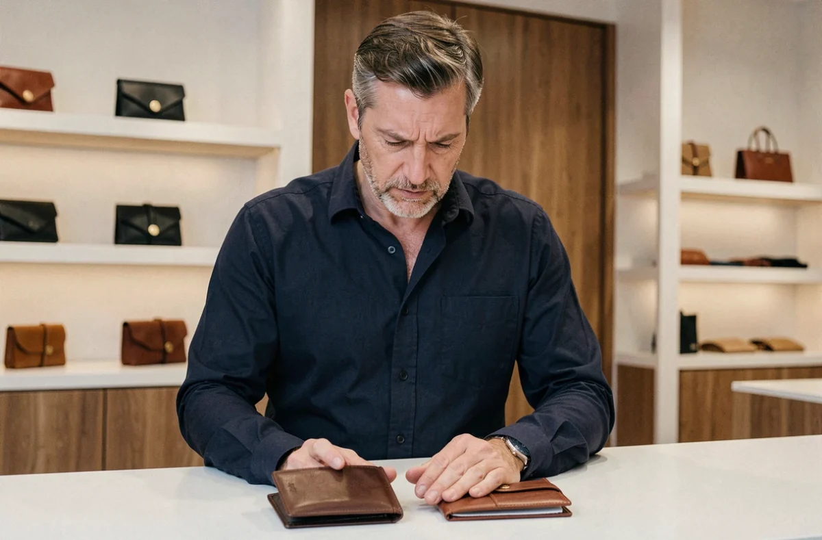 Homme comparant deux modèles de portefeuilles en cuir dans une boutique maroquinerie