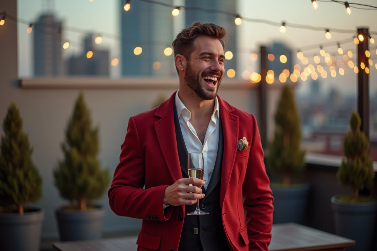 Homme en blazer rouge souriant sur un rooftop en soirée