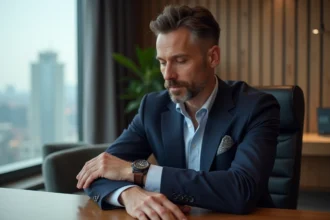 Homme en costume bleu examine une montre au bureau