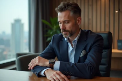 Homme en costume bleu examine une montre au bureau