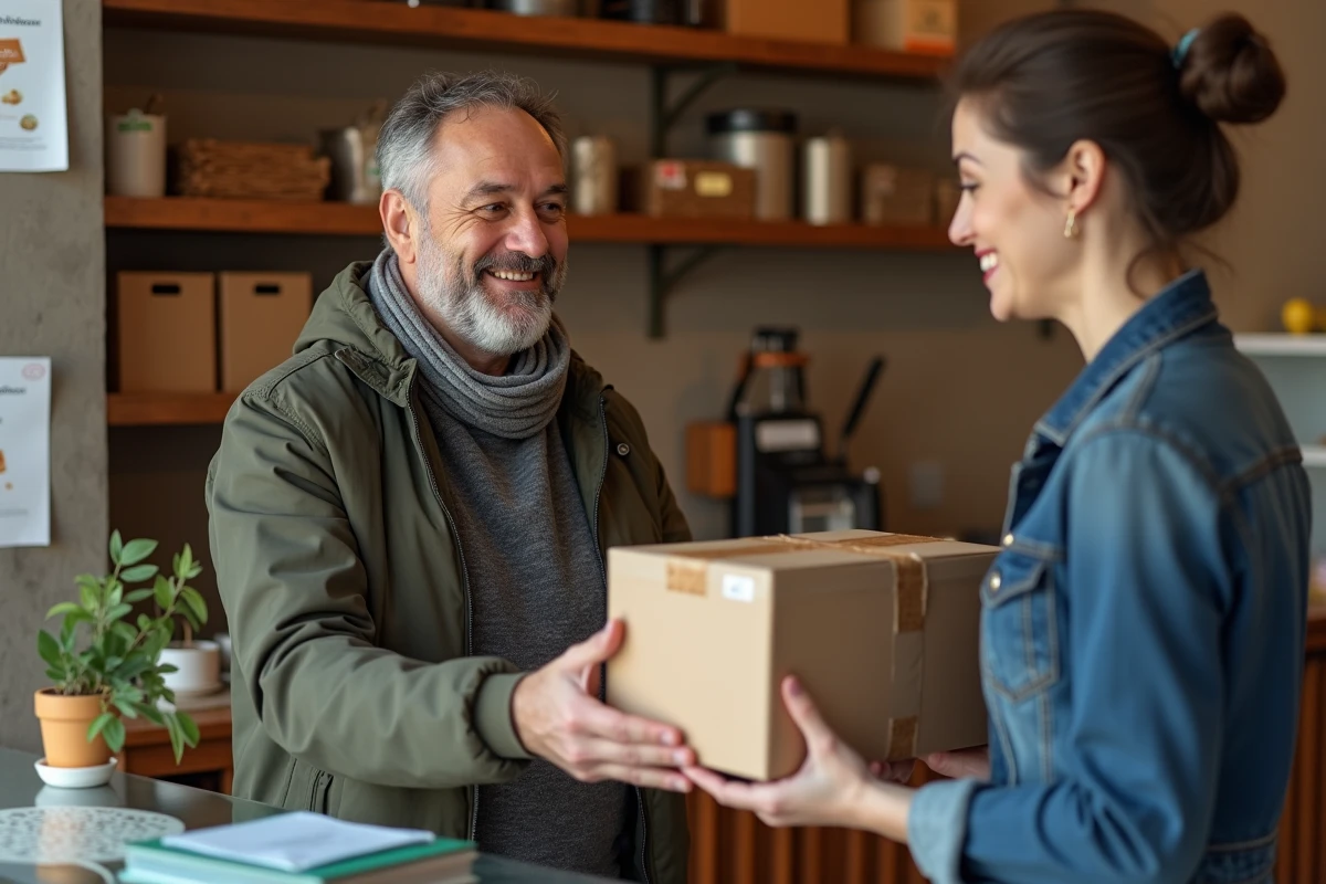 Homme remettant un colis à un commerçant dans une boutique