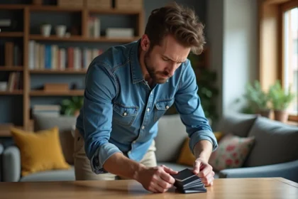 Homme en denim et chinos tente de fermer un porte-cartes sur un fond cosy