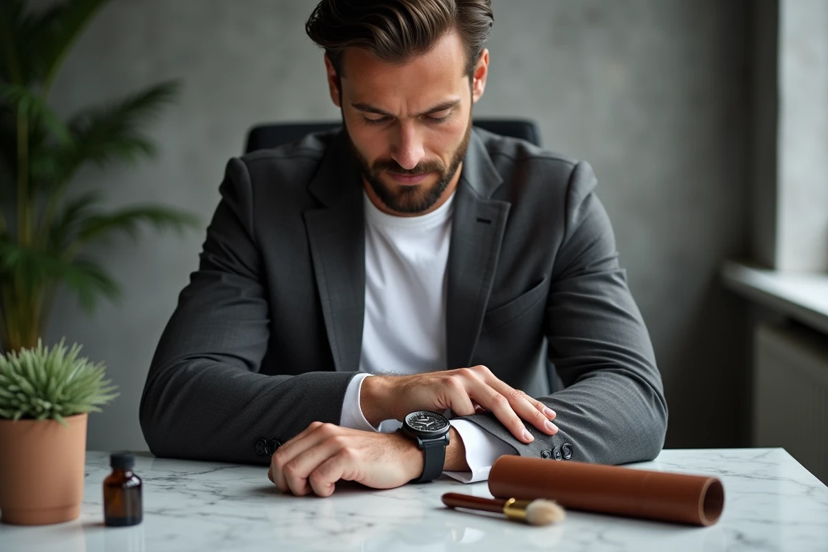 Homme inspectant sa montre personnalisée gravée à son bureau avec accessoires d'entretien