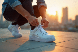 Homme nouant des Air Force 1 blanches sur un toit urbain