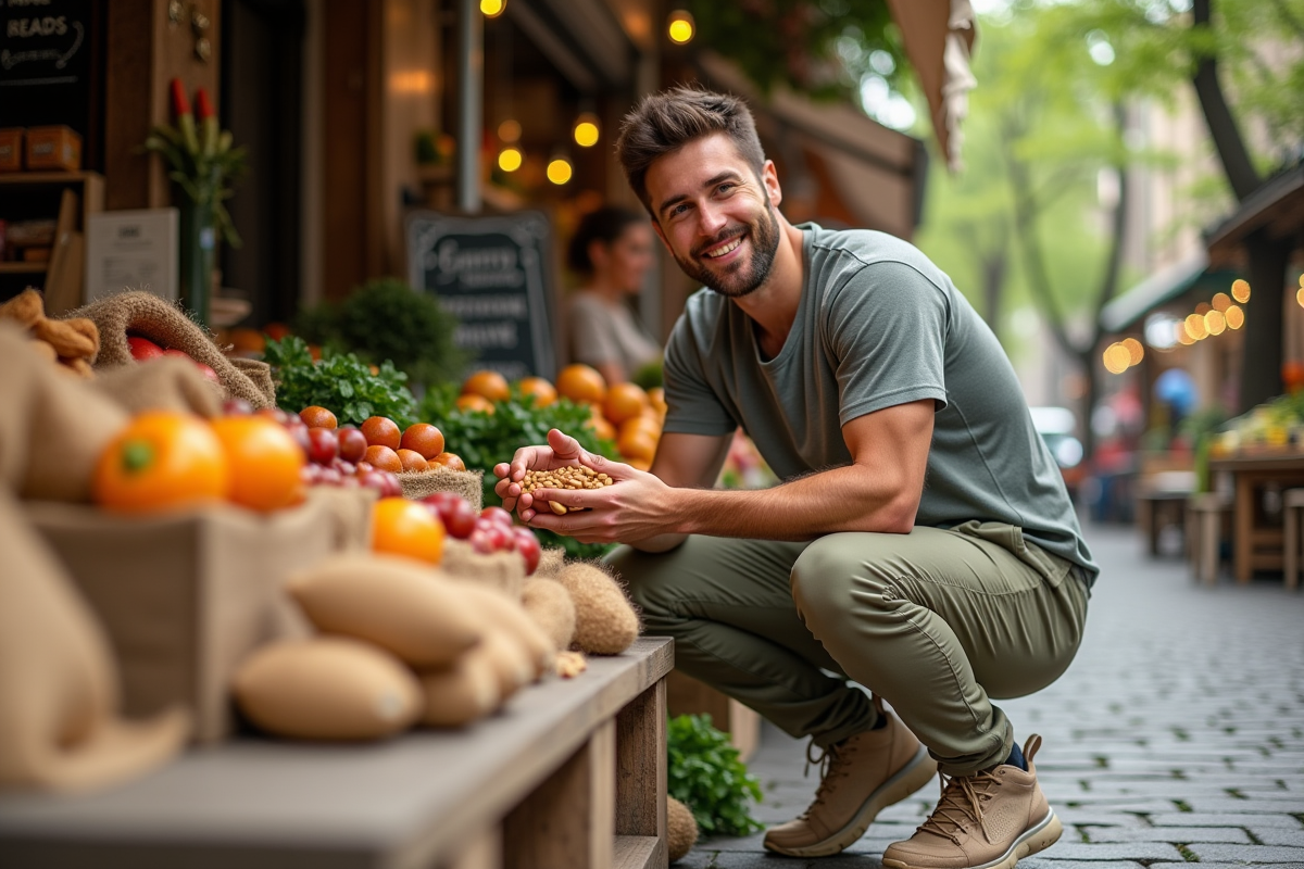 Homme sélectionnant des amandes au marché en plein air