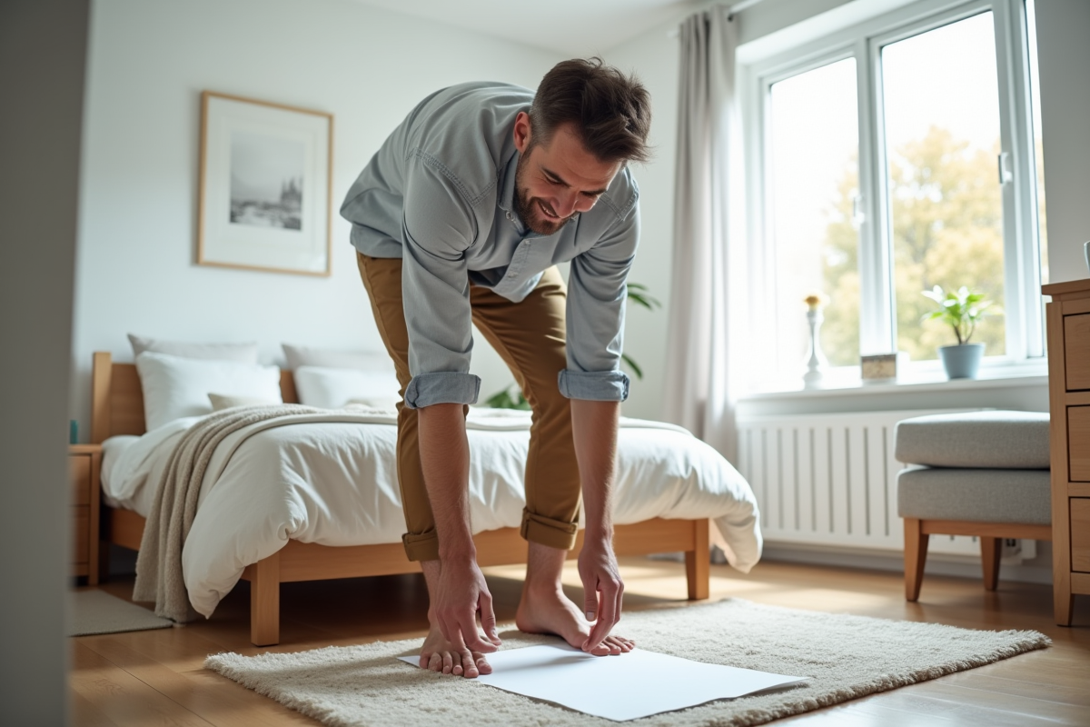 Homme mesurant la longueur de son pied dans sa chambre moderne