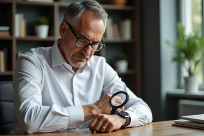 Homme d'âge moyen examinant une montre avec loupe dans un bureau
