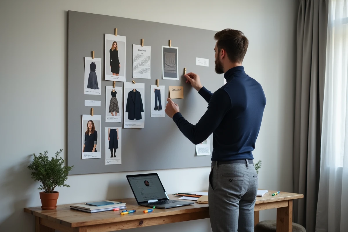 Homme en turtleneck marine composant un moodboard de style à partir de captures Instagram dans un espace de travail créatif fait maison