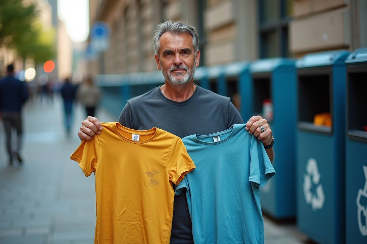Homme tient deux T-shirts usés devant un point de recyclage