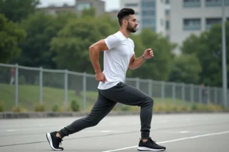 Homme en sarouel jogging gris anthracite s'étirant avant une séance de sport sur une piste urbaine