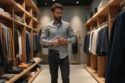 Homme vérifiant la taille d'une chemise IKKS en boutique avant achat