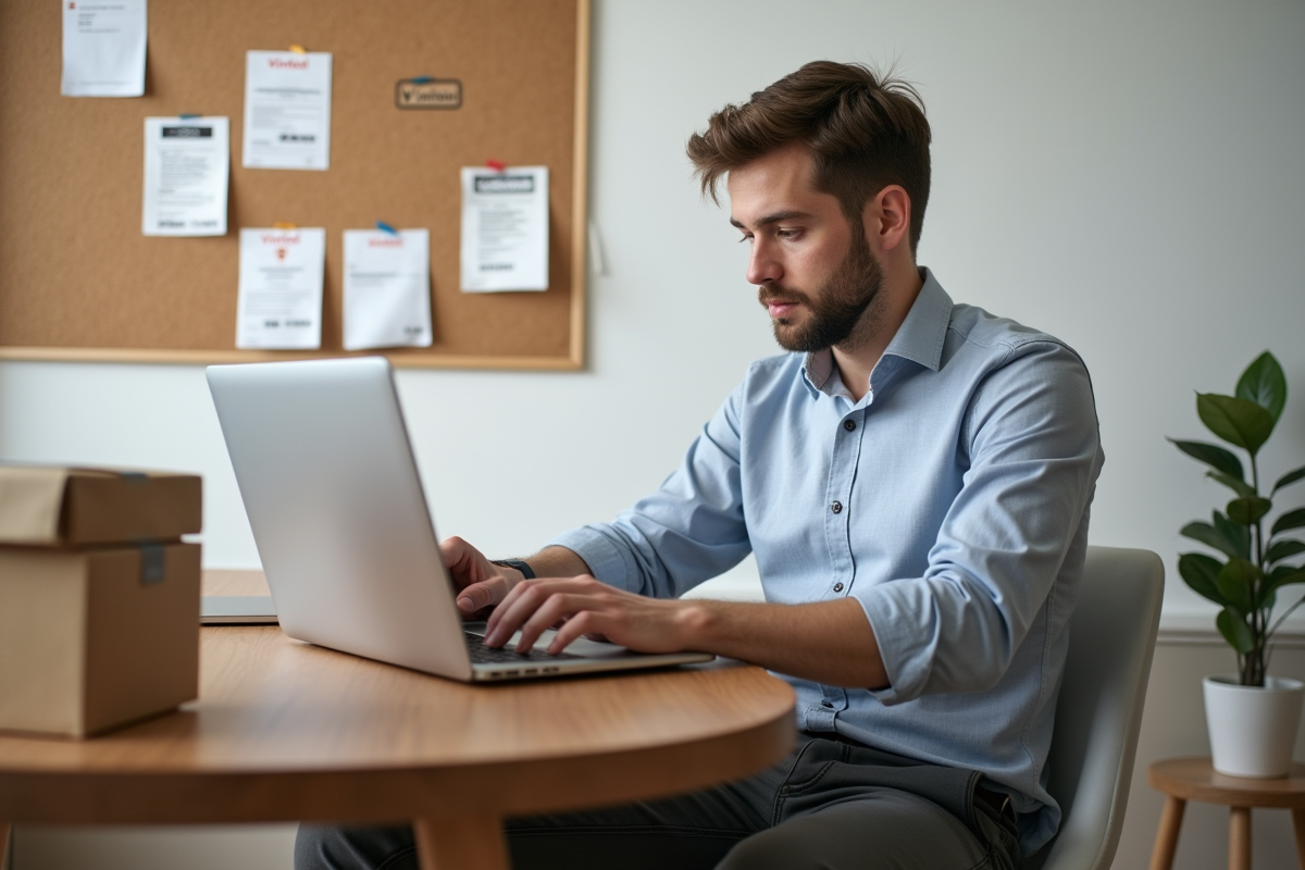 Homme en tenue décontractée tapant sur son ordinateur dans un bureau moderne