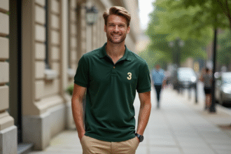 Homme élégant en polo vert dans la ville