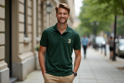 Homme élégant en polo vert dans la ville