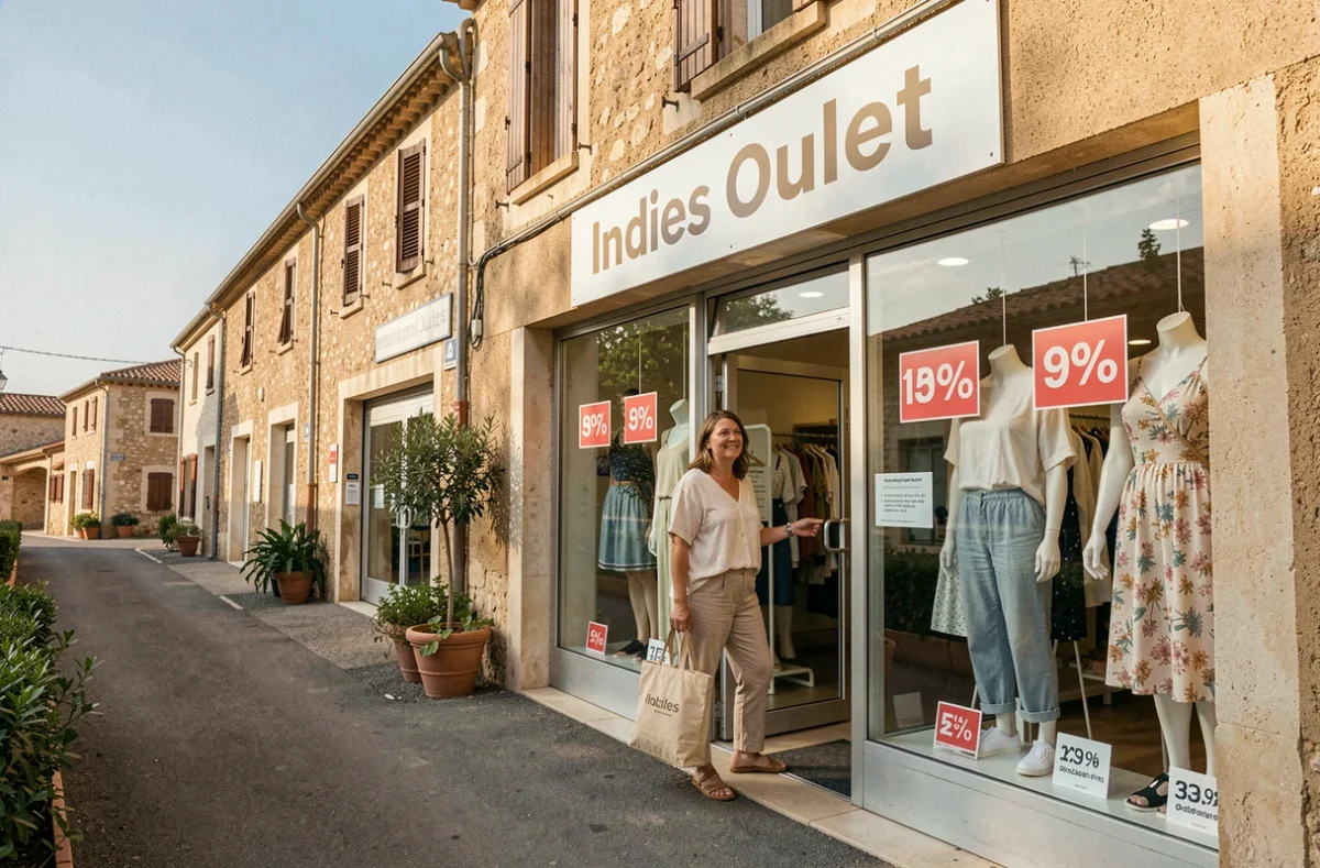 Devanture de l'outlet Indies à Gardanne avec une cliente satisfaite portant ses achats mode grande taille
