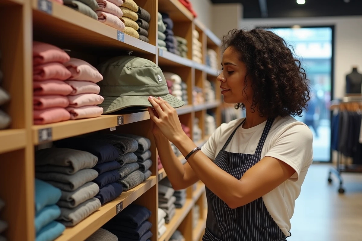 Employée de boutique inspectant un bob Ricard officiel sur un présentoir de merchandising avec étiquettes d'authenticité visibles