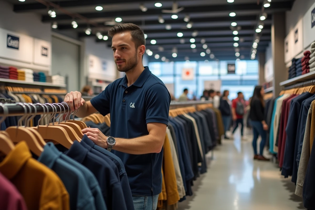 Intérieur d'un magasin C&A avec des rayons de vêtements et un employé arrangeant des articles sur un portant