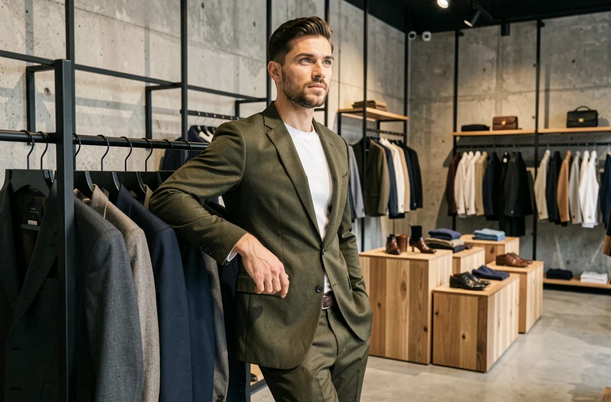 Un homme tendance porte un costume olive ajusté dans la boutique Izac de Tours
