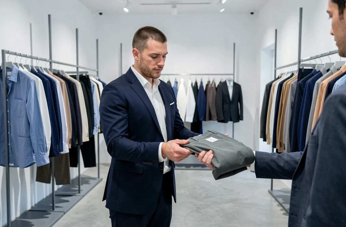 Un conseiller de vente de la boutique Jérôme présentant un pantalon chino dans un espace masculin contemporain et épuré