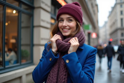 Jeune femme élégante ajustant une écharpe en ville d'hiver