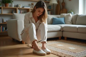 Jeune femme essayant deux paires d'espadrilles dans un salon chaleureux
