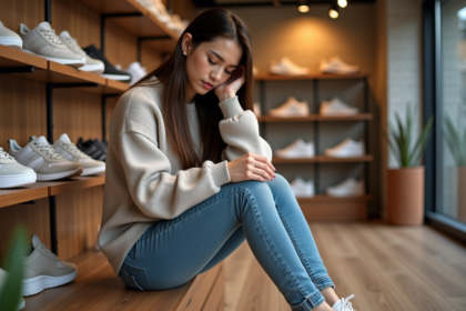Jeune femme essayant des sneakers dans une boutique chaleureuse