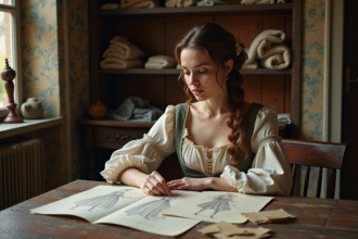 Jeune femme en vêtements historiques examinant des croquis
