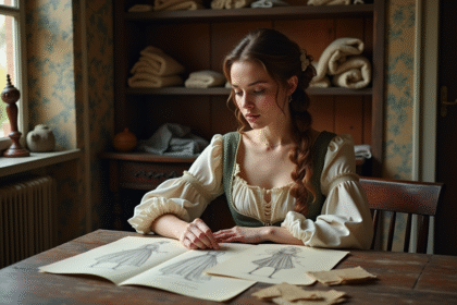 Jeune femme en vêtements historiques examinant des croquis